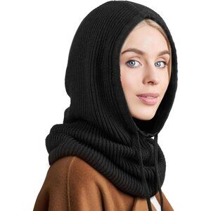 Women's Scarf Hat Balaclava Beanie Skull Cap with Drawstring Warm Light Black2